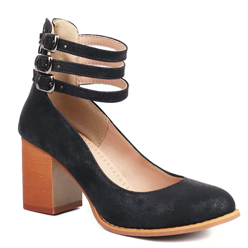 Women's Block Heel Sandals with Triple Ankle Buckle Straps and Adjustable Fit