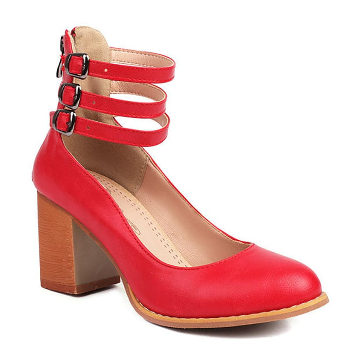 Women's Block Heel Sandals with Triple Ankle Buckle Straps and Adjustable Fit