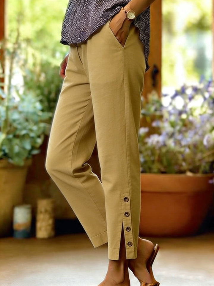 Tapered Ankle Trousers with Button Detail and Side Pockets