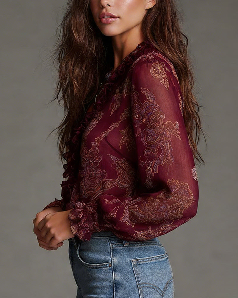 Printed Cotton Blend Blouse with Ruffle Sleeves and Demi-Zip V-Neck