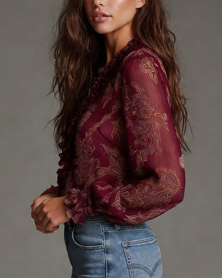 Printed Cotton Blend Blouse with Ruffle Sleeves and Demi-Zip V-Neck