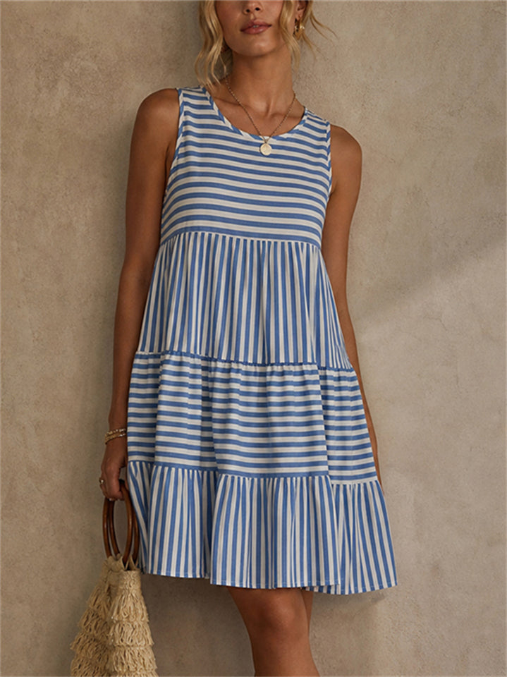 Striped Sleeveless Mini Dress with Pullover Design and Polyester Spandex Blend