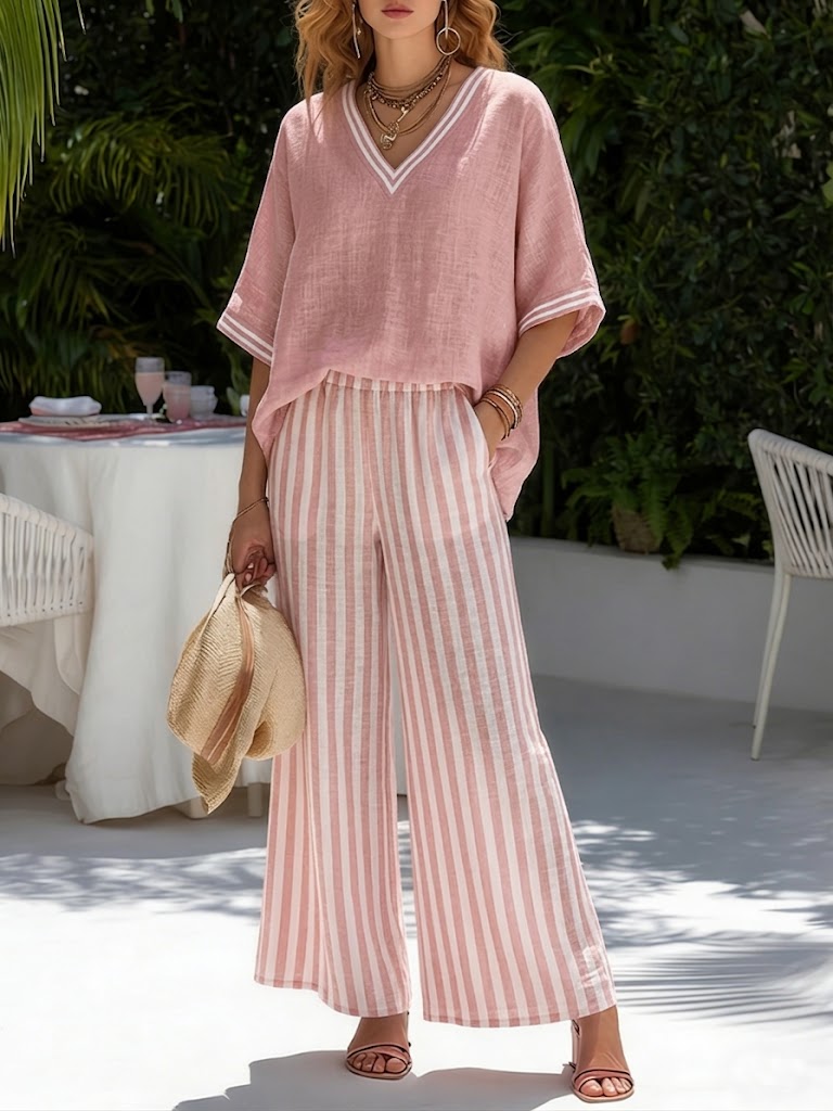 Two-Piece Linen-Blend Set with V-Neckline Top and Relaxed Pants
