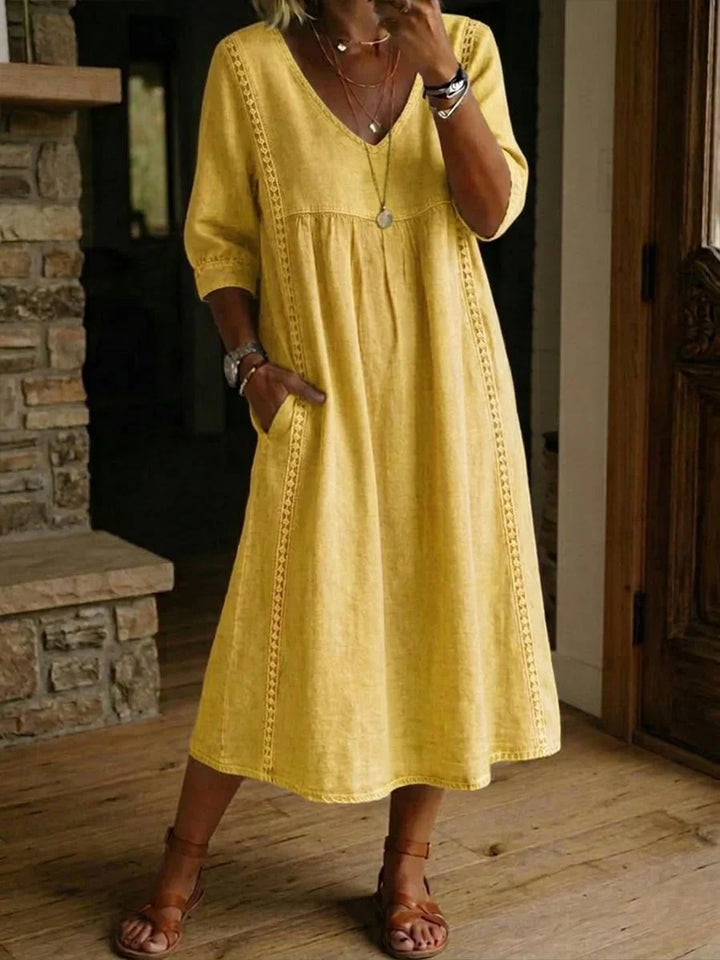 Midi Dress with V-Neckline and Three-Quarter Sleeves, Hidden Side Pockets