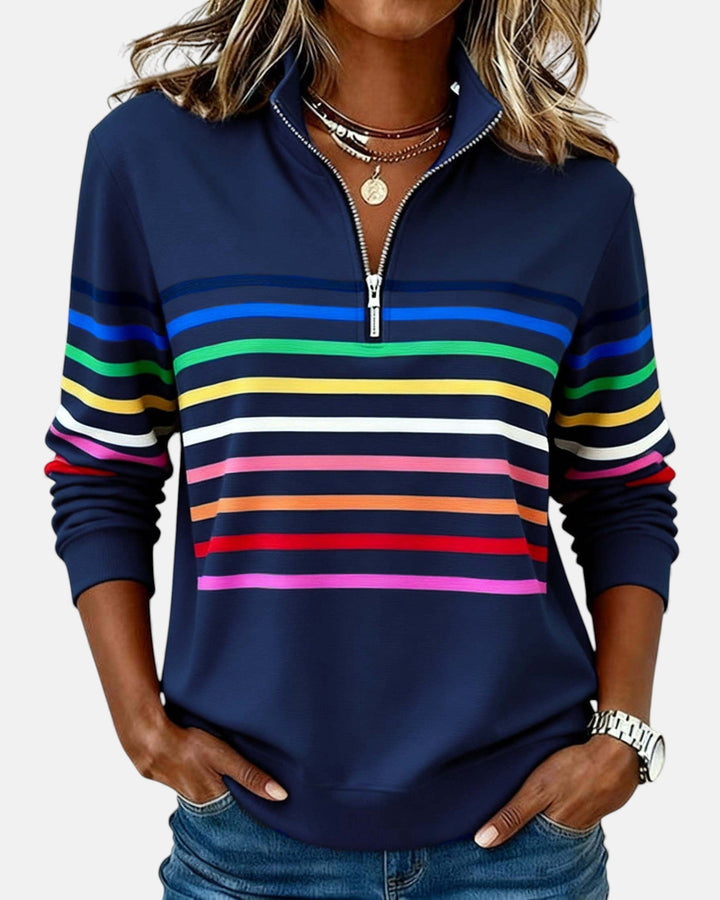 Rainbow Striped Half-Zip Sweatshirt with Stand-Up Collar