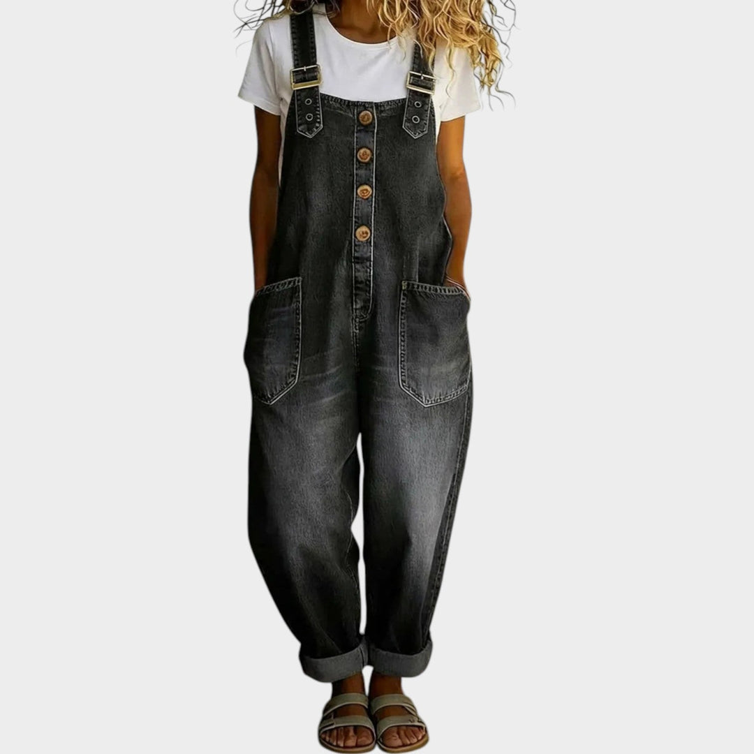 Denim Overalls with Adjustable Shoulder Straps and Button Front, Loose Fit