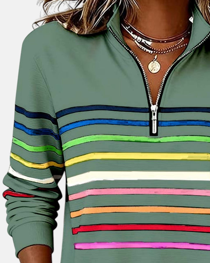 Rainbow Striped Half-Zip Sweatshirt with Stand-Up Collar