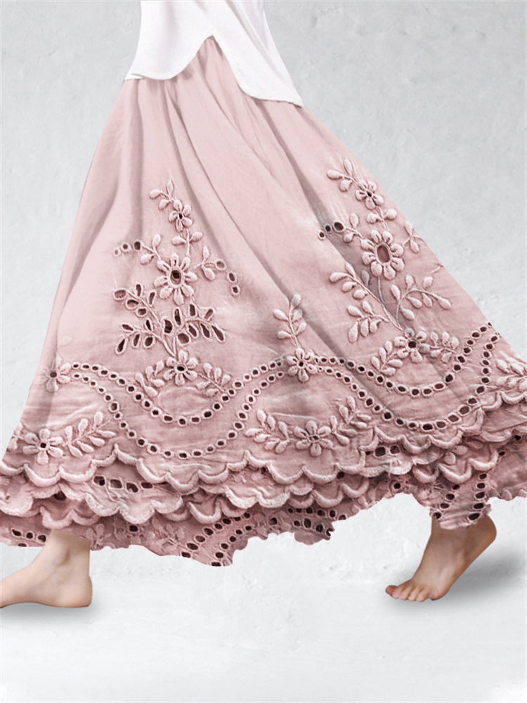 Bohemian A-Line Skirt with Scalloped Hemline and Embroidery Motif