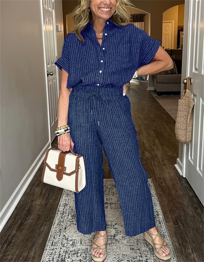 Striped Linen Cotton Shirt and Pants Set with Functional Pockets