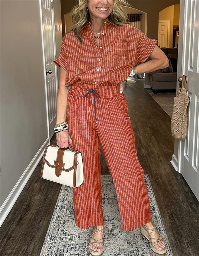 Striped Linen Cotton Shirt and Pants Set with Functional Pockets