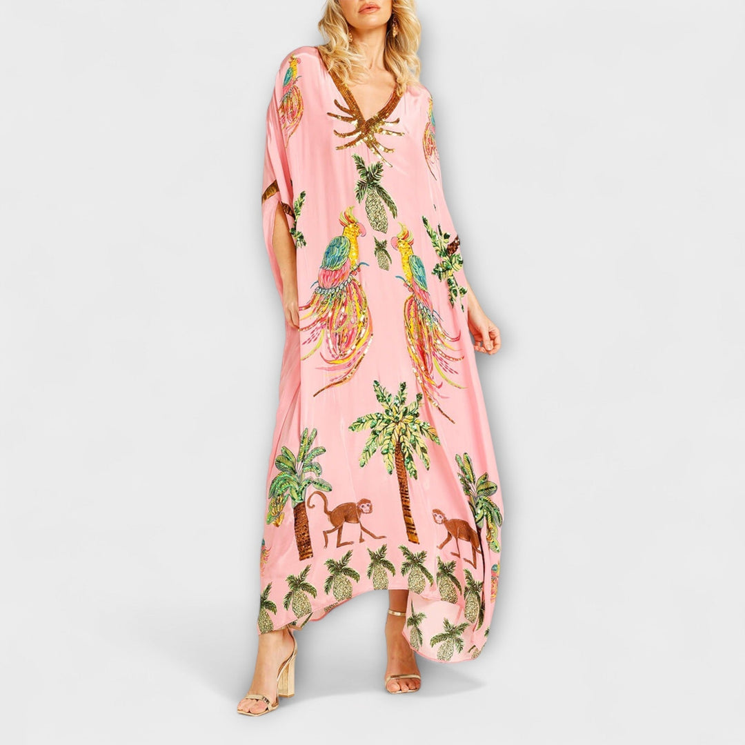 Asymmetrical Shoulder Dress with Coconut Tree Print and Sequin Accents