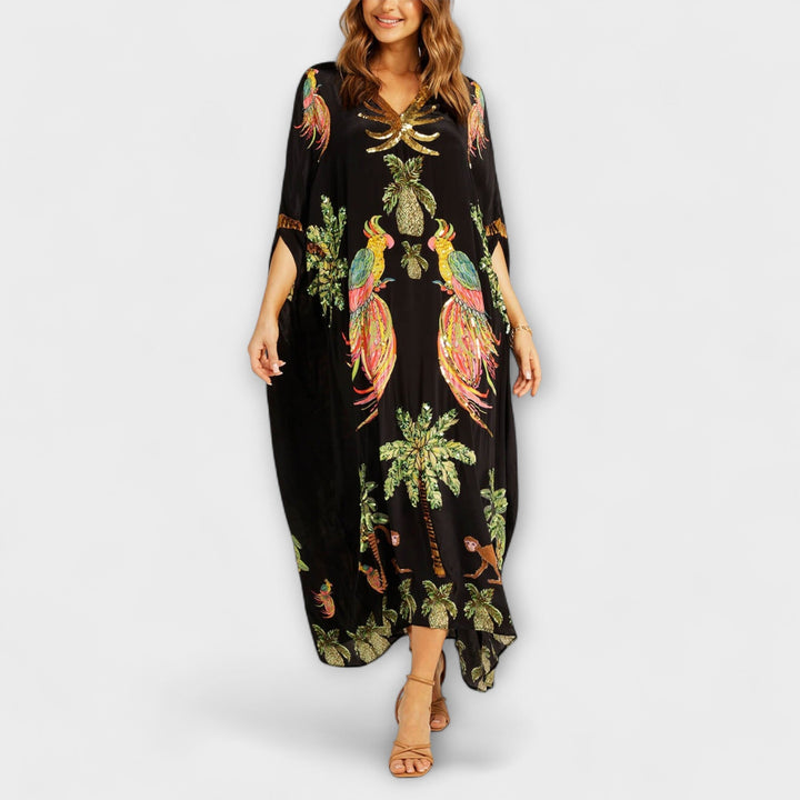 Asymmetrical Shoulder Dress with Coconut Tree Print and Sequin Accents
