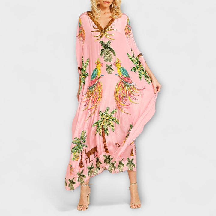 Asymmetrical Shoulder Dress with Coconut Tree Print and Sequin Accents