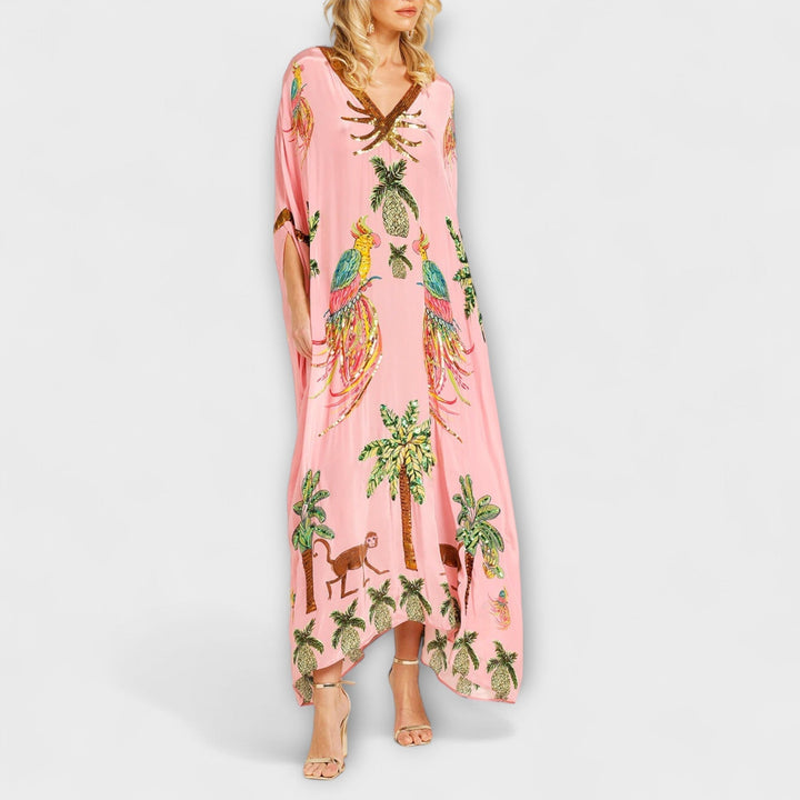 Asymmetrical Shoulder Dress with Coconut Tree Print and Sequin Accents
