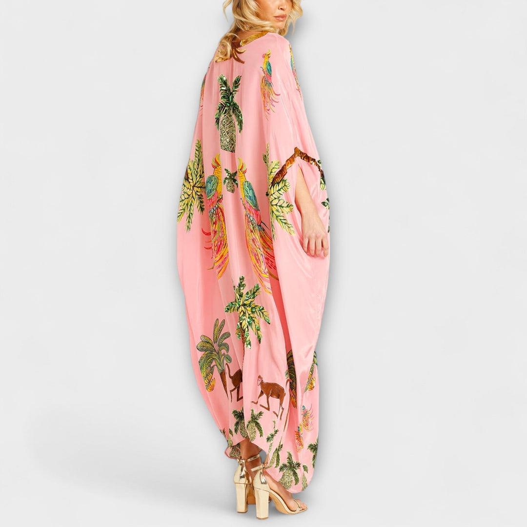 Asymmetrical Shoulder Dress with Coconut Tree Print and Sequin Accents