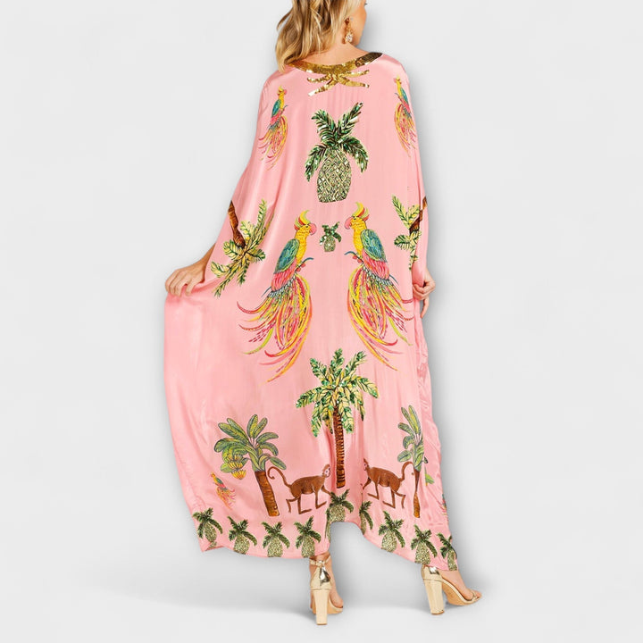 Asymmetrical Shoulder Dress with Coconut Tree Print and Sequin Accents