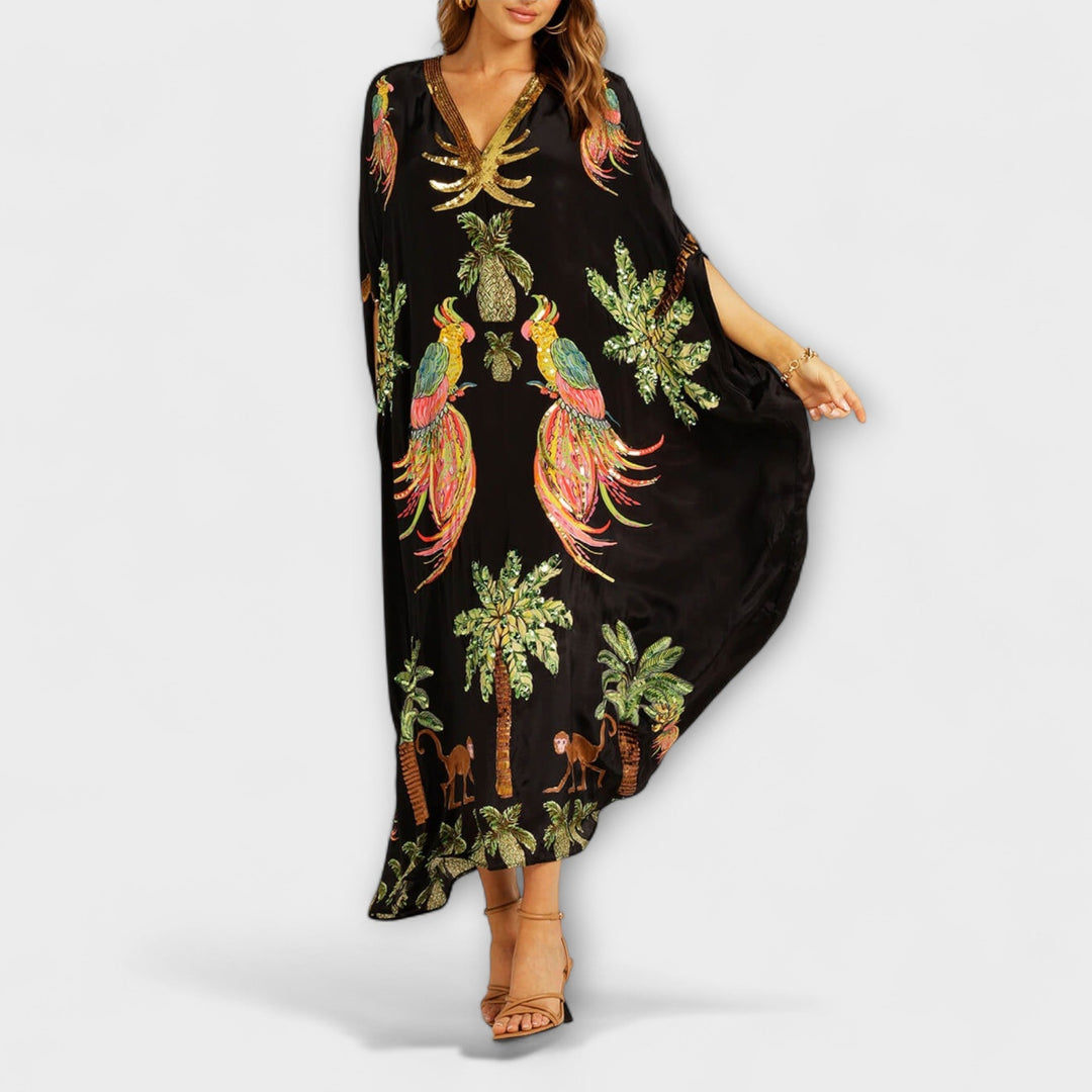 Asymmetrical Shoulder Dress with Coconut Tree Print and Sequin Accents