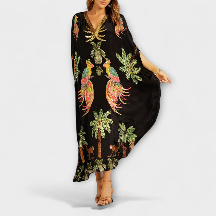 Asymmetrical Shoulder Dress with Coconut Tree Print and Sequin Accents