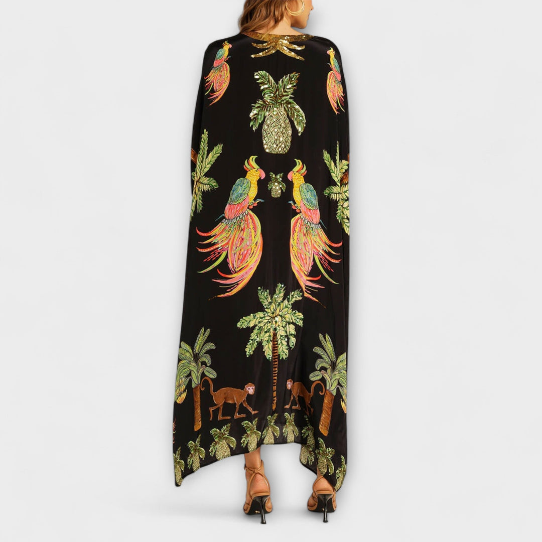Asymmetrical Shoulder Dress with Coconut Tree Print and Sequin Accents