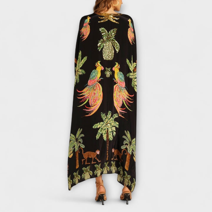Asymmetrical Shoulder Dress with Coconut Tree Print and Sequin Accents