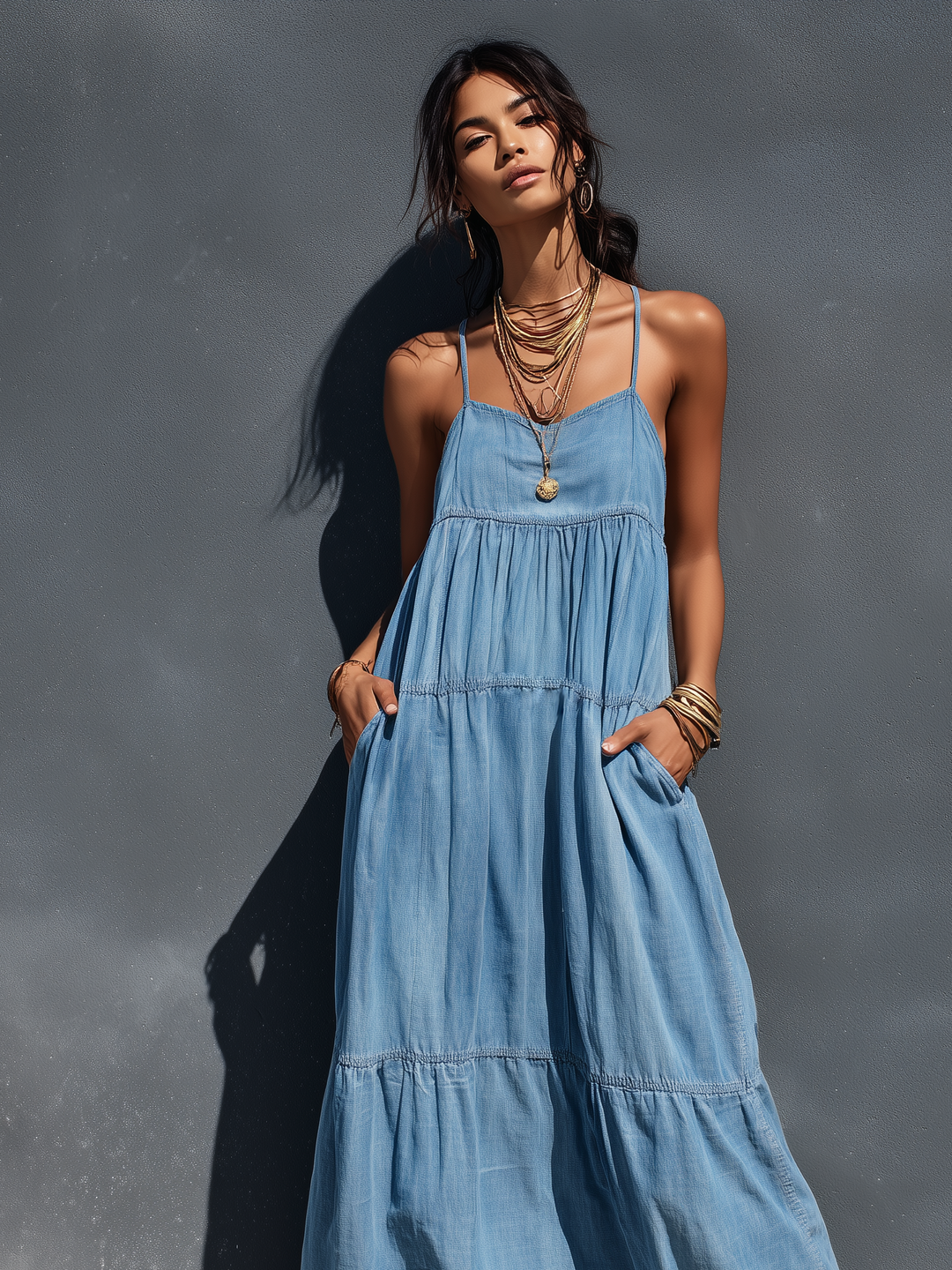 Stretch Denim Maxi Dress with Adjustable Suspender Straps and Sleeveless Design