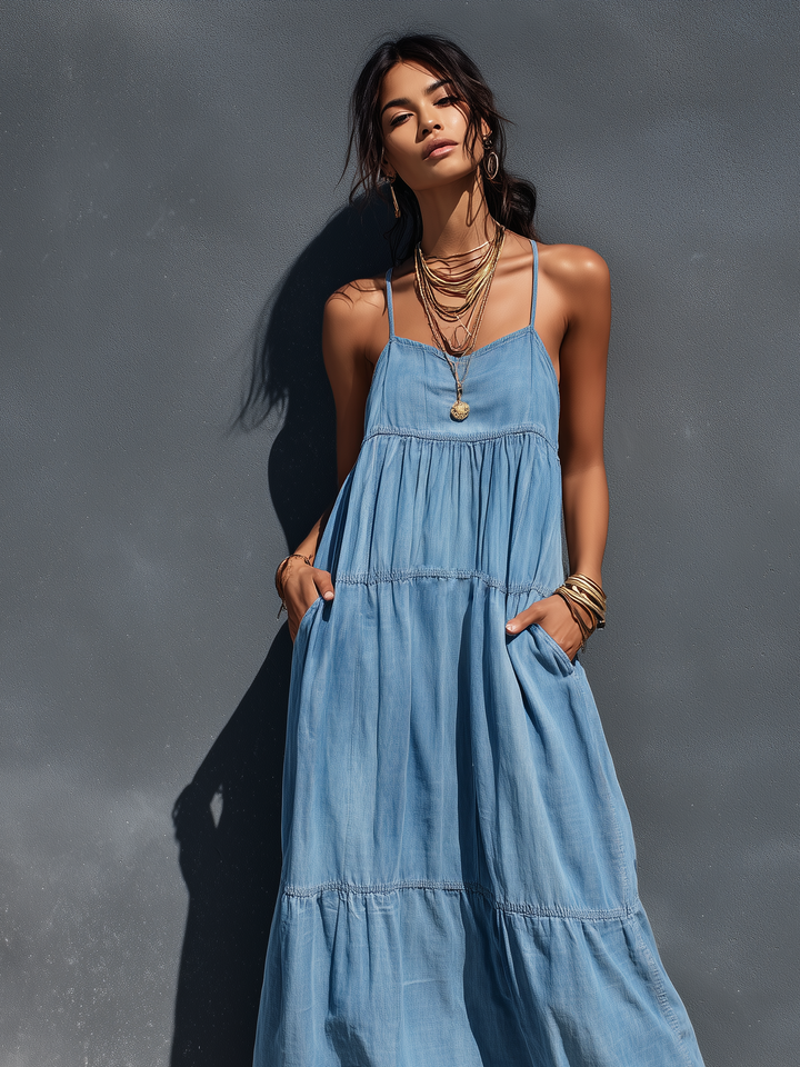 Stretch Denim Maxi Dress with Adjustable Suspender Straps and Sleeveless Design