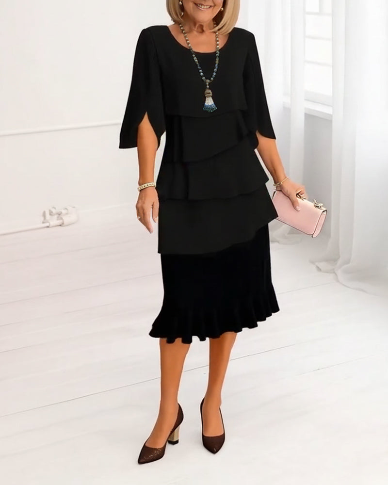 A-Line Midi Dress with Split Sleeves and Layered Ruffles, Round Neckline