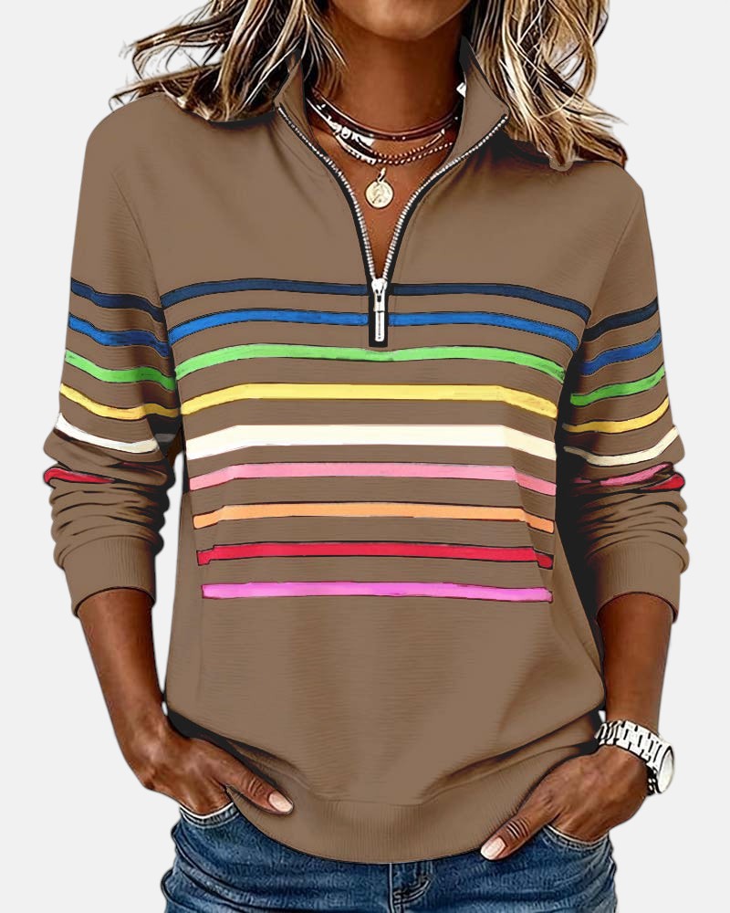 Rainbow Striped Half-Zip Sweatshirt with Stand-Up Collar