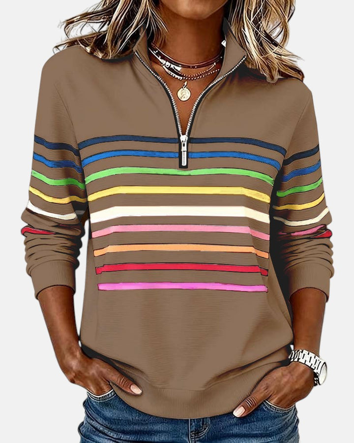 Rainbow Striped Half-Zip Sweatshirt with Stand-Up Collar