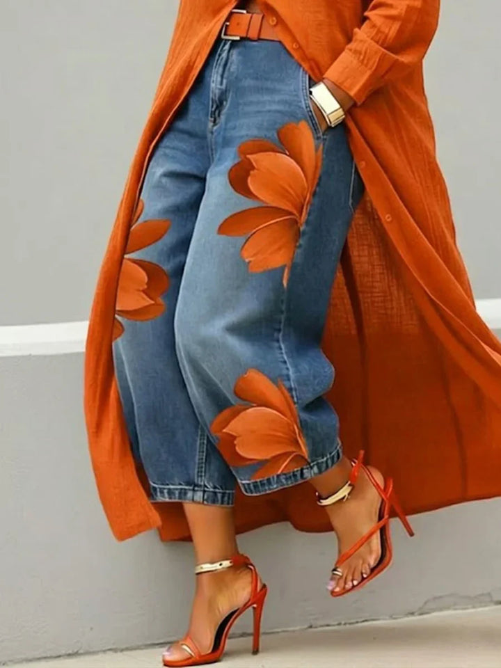 Linen-Cotton Shirt Dress with Red Floral Wide-Leg Jeans Set