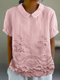 Soft Pink Shirt with Floral Embroidery at Hem and Cotton Linen Blend
