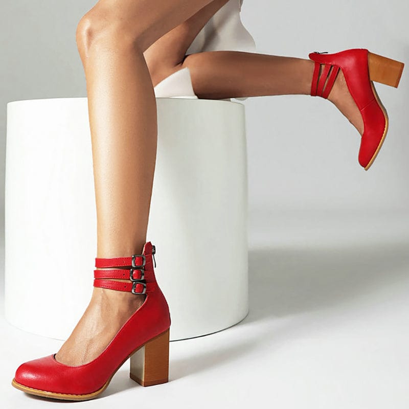 Ankle Strap Block Heel Shoes with Triple Adjustable Buckles