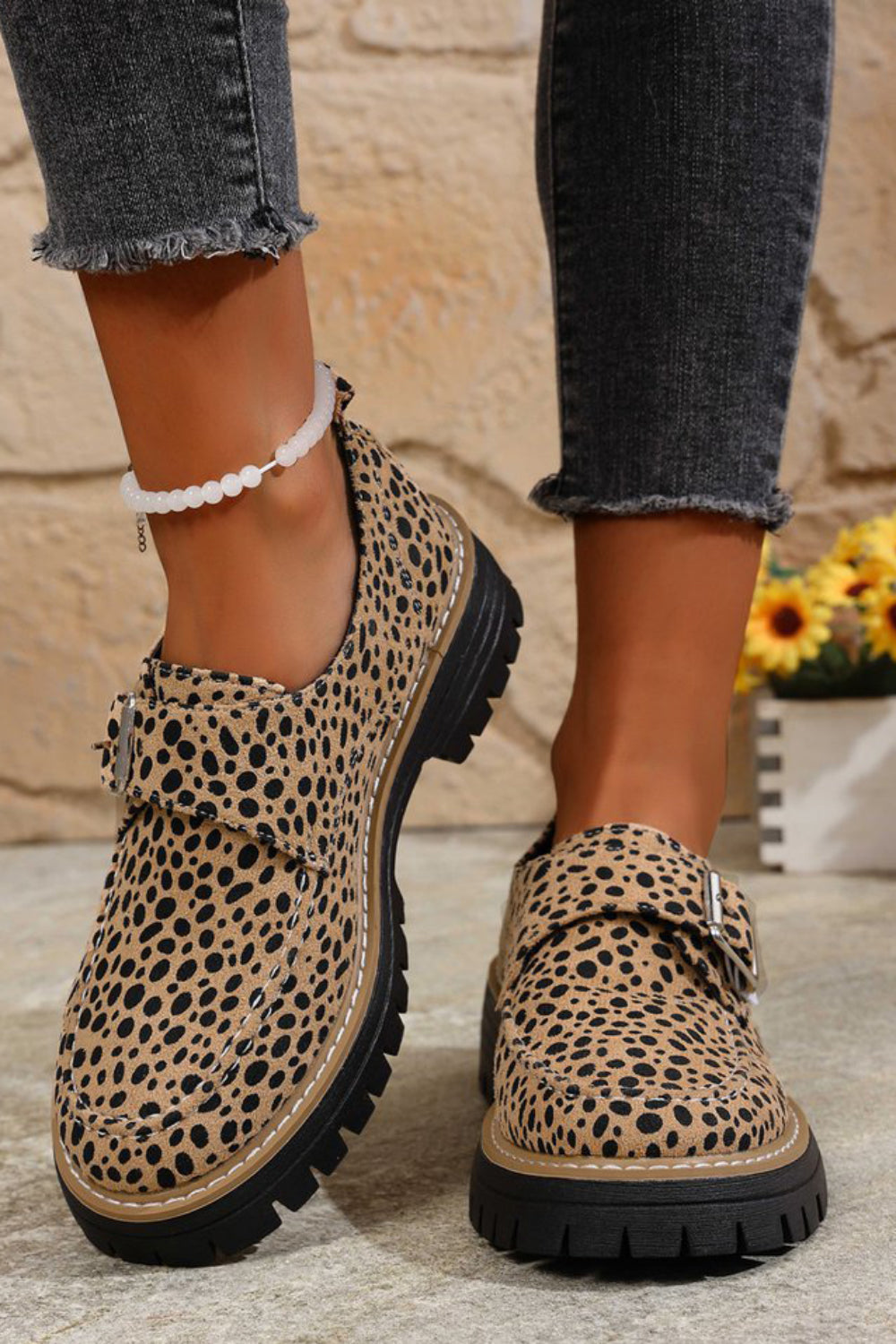 Animal Print Slip-On Loafers with Metallic Buckle Detail and Lug Sole