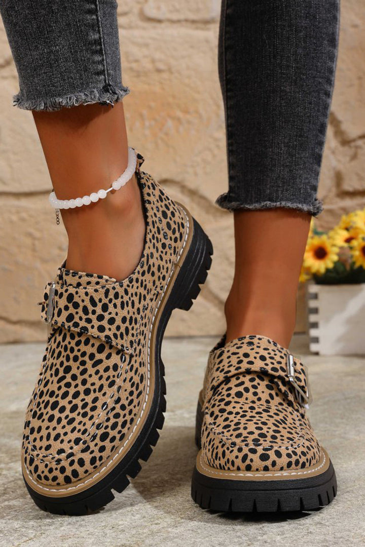 Animal Print Slip-On Loafers with Metallic Buckle Detail and Lug Sole