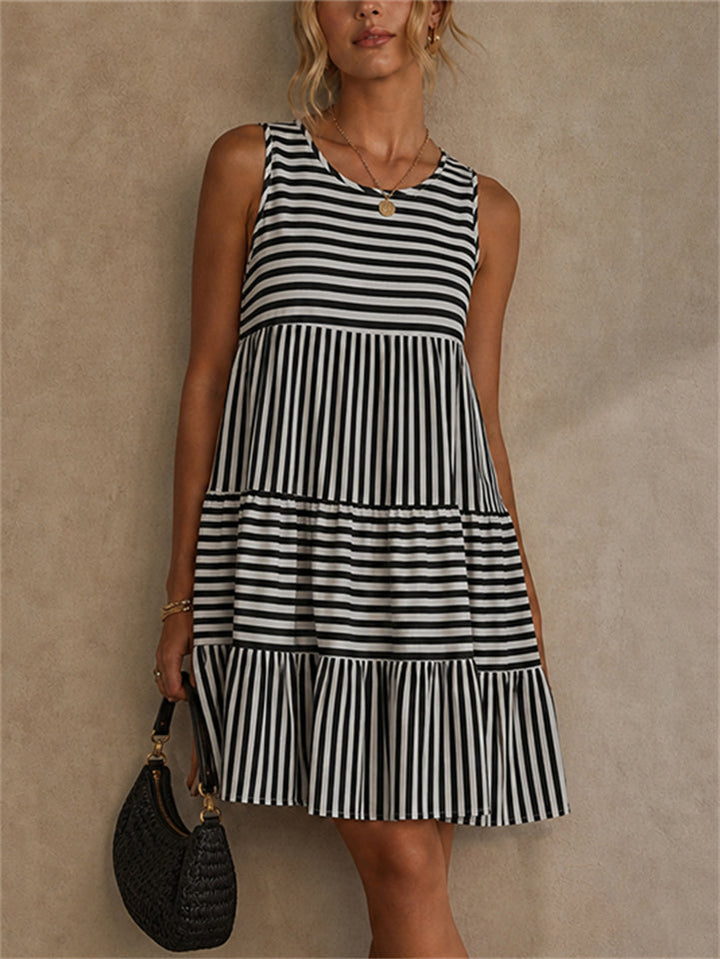 Striped Sleeveless Mini Dress with Pullover Design and Polyester Spandex Blend