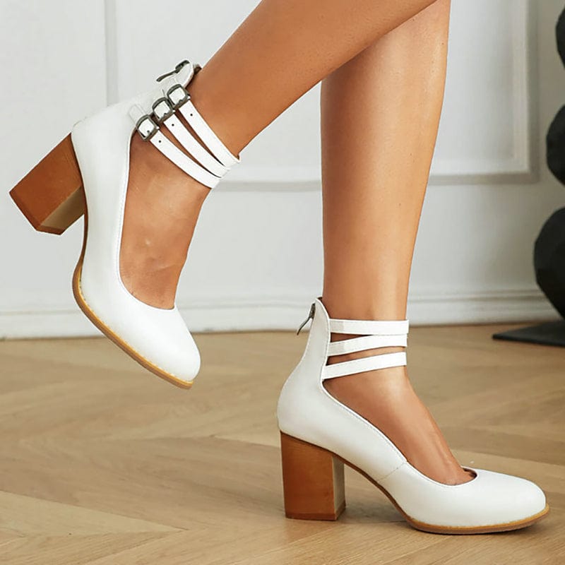 Women's Block Heel Sandals with Triple Ankle Buckle Straps and Adjustable Fit