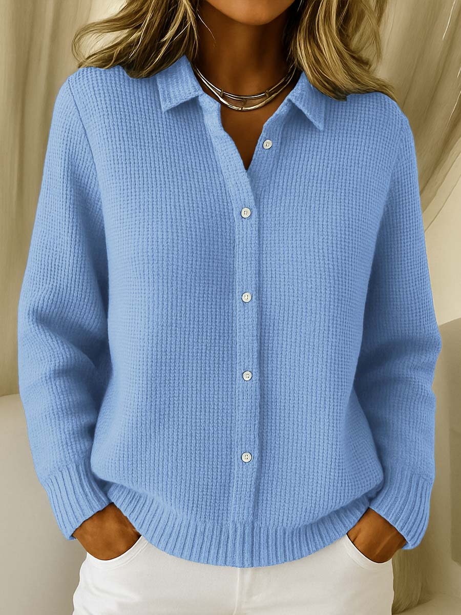 Knit Cardigan with Shirt Collar and Button Front, Cotton Blend