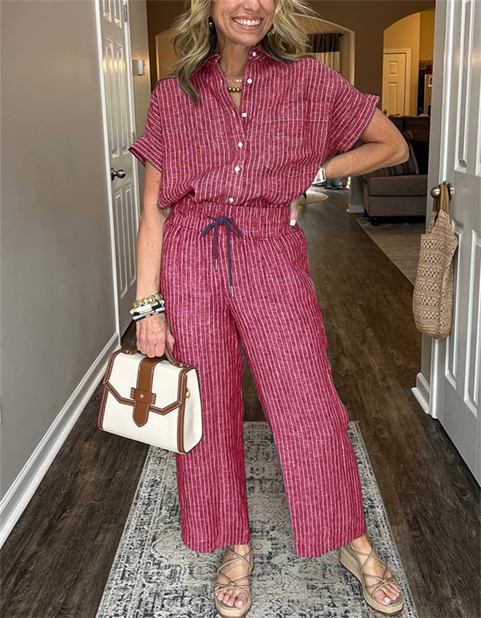 Striped Linen Cotton Shirt and Pants Set with Functional Pockets