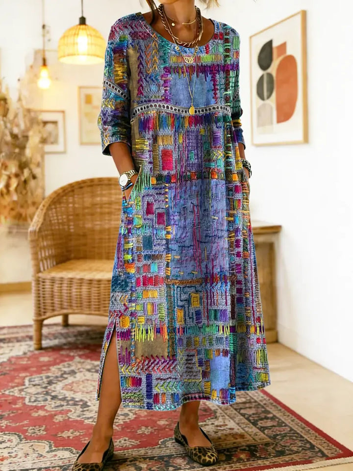 Printed Midi Dress with Long Sleeves and Relaxed Fit, Round Neckline