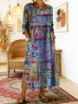 Printed Midi Dress with Long Sleeves and Relaxed Fit, Round Neckline