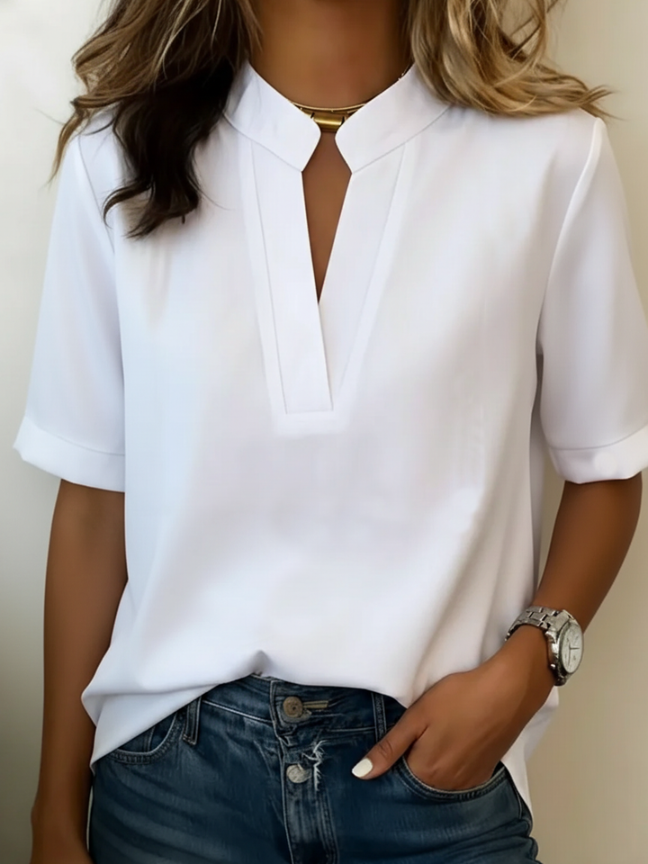 Loose Short Sleeve Top with Stand-Up Collar and Cotton-Linen Blend