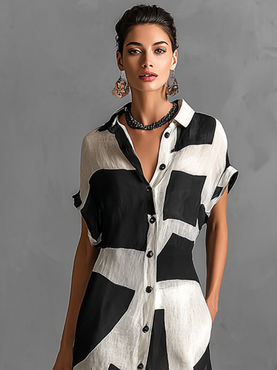 Maxi Shirt Dress with Geometric Print and Cotton Linen Blend, Short Sleeve