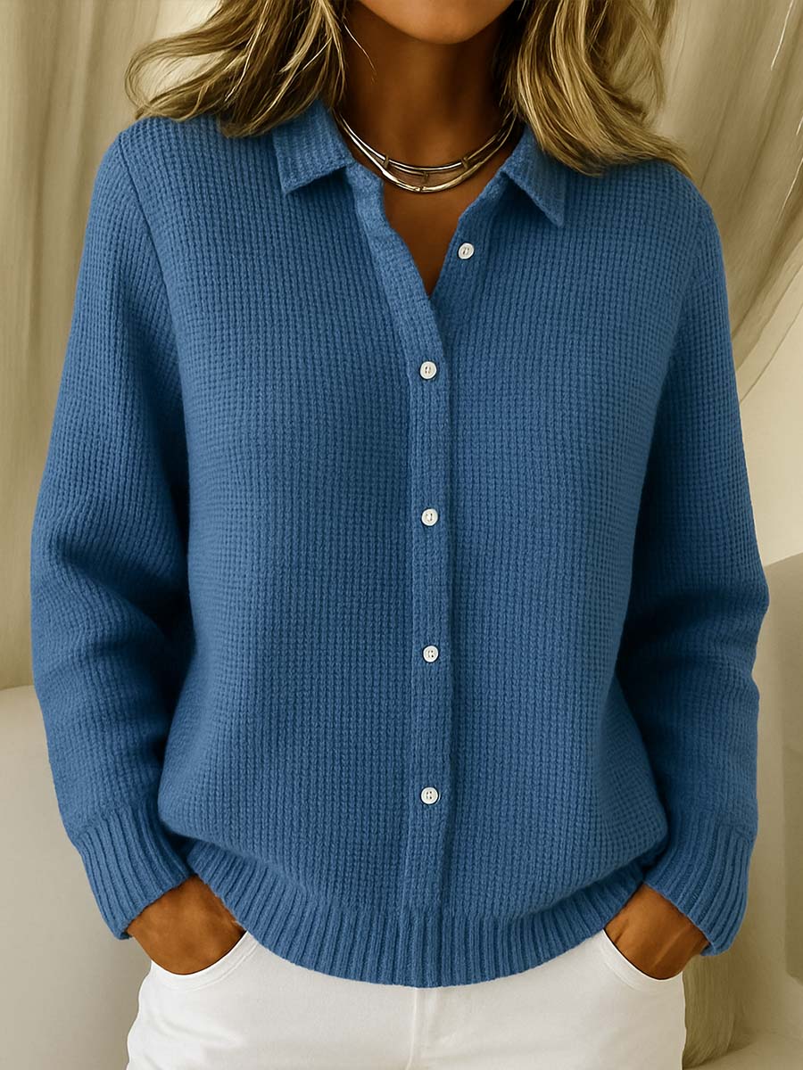 Knit Cardigan with Shirt Collar and Button Front, Cotton Blend