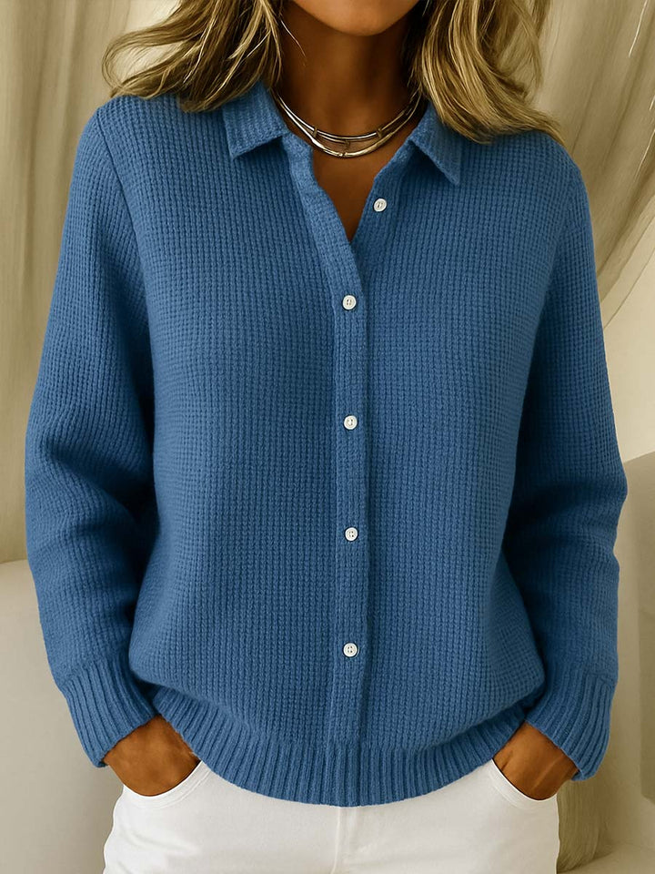 Knit Cardigan with Shirt Collar and Button Front, Cotton Blend