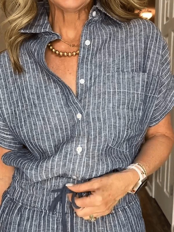 Striped Linen Cotton Shirt and Pants Set with Functional Pockets