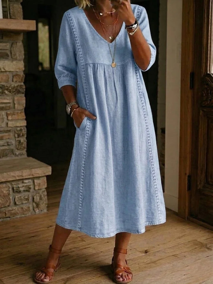 Midi Dress with V-Neckline and Three-Quarter Sleeves, Hidden Side Pockets