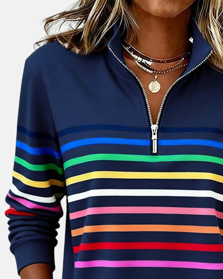 Rainbow Striped Half-Zip Sweatshirt with Stand-Up Collar