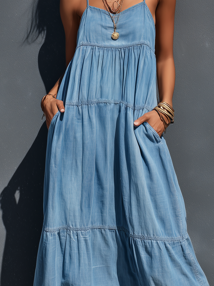 Stretch Denim Maxi Dress with Adjustable Suspender Straps and Sleeveless Design