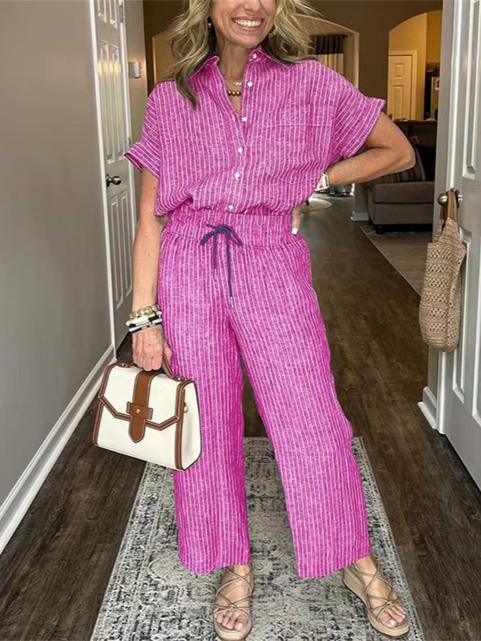 Striped Linen Cotton Shirt and Pants Set with Functional Pockets