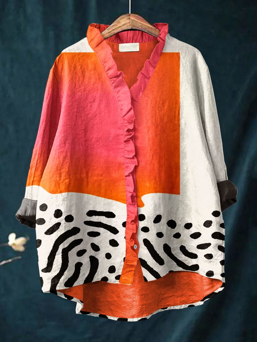 Women's Linen Cotton Blouse with Ruffle Neckline and Relaxed Fit